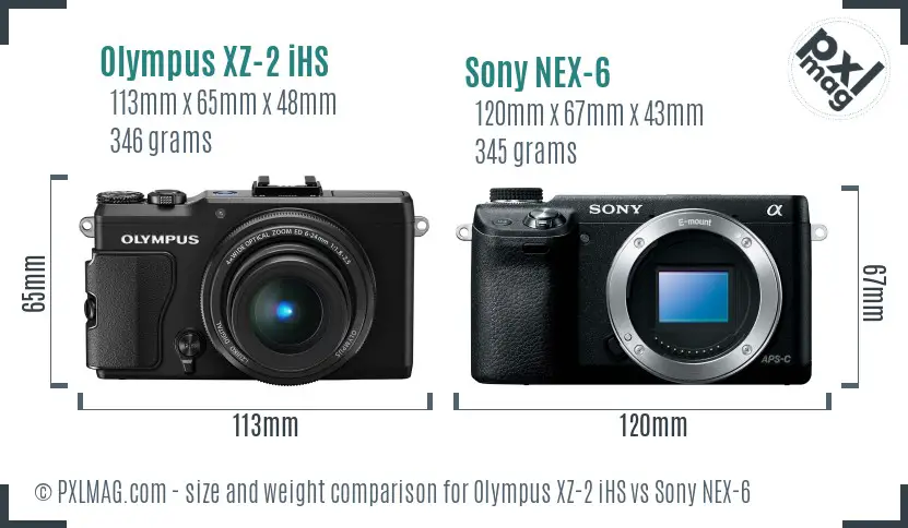 Olympus XZ-2 iHS vs Sony NEX-6 size comparison