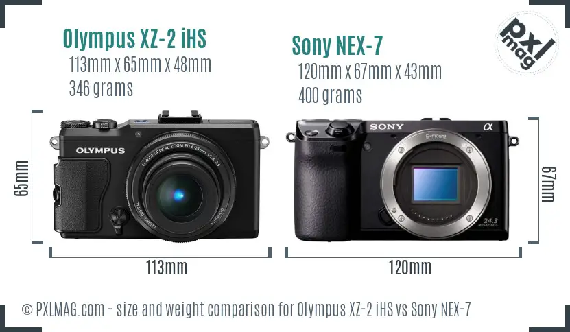 Olympus XZ-2 iHS vs Sony NEX-7 size comparison