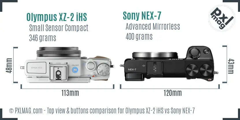 Olympus XZ-2 iHS vs Sony NEX-7 top view buttons comparison
