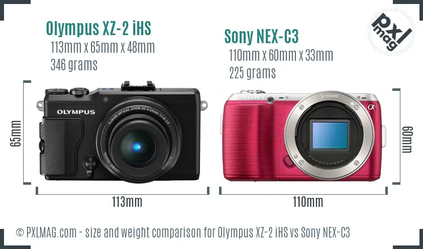 Olympus XZ-2 iHS vs Sony NEX-C3 size comparison