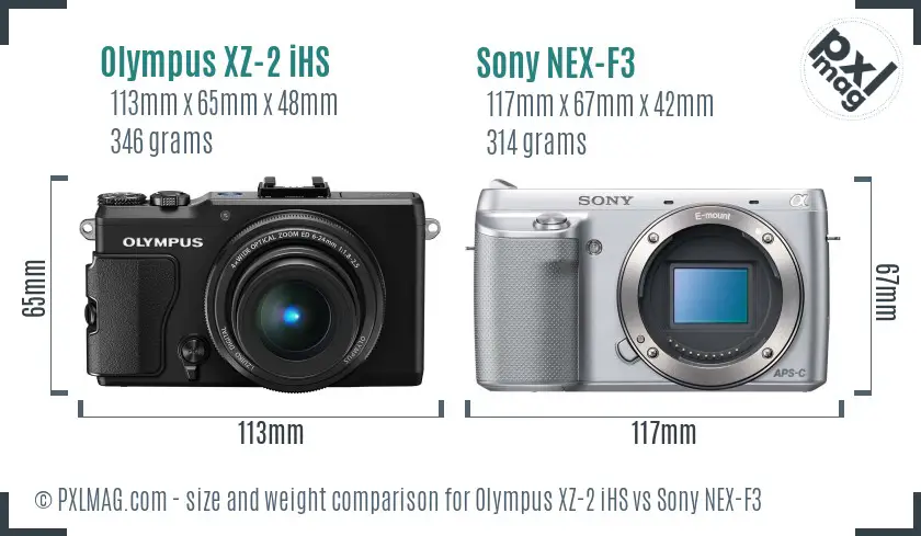 Olympus XZ-2 iHS vs Sony NEX-F3 size comparison
