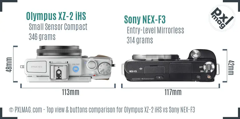 Olympus XZ-2 iHS vs Sony NEX-F3 top view buttons comparison