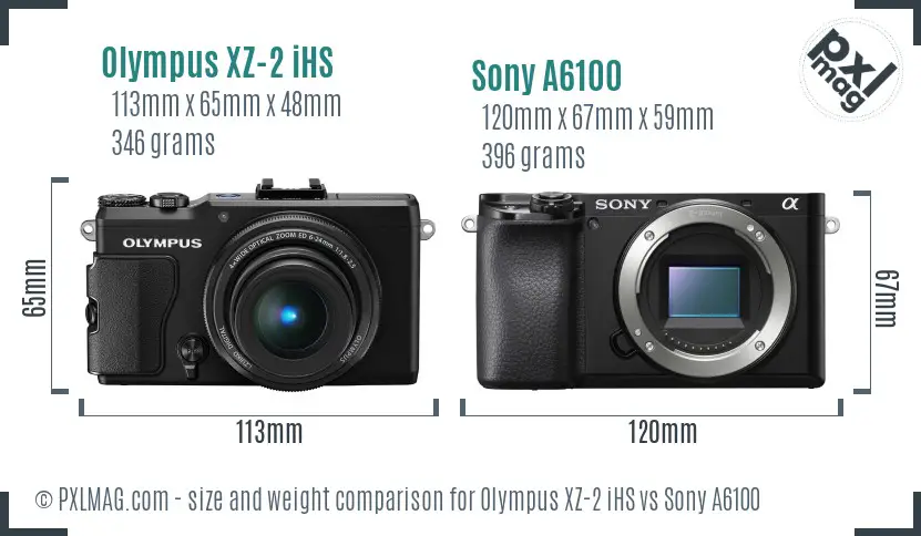 Olympus XZ-2 iHS vs Sony A6100 size comparison