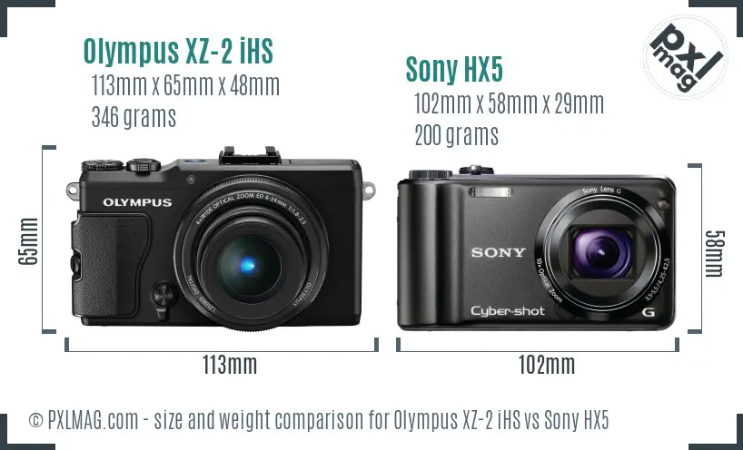 Olympus XZ-2 iHS vs Sony HX5 size comparison