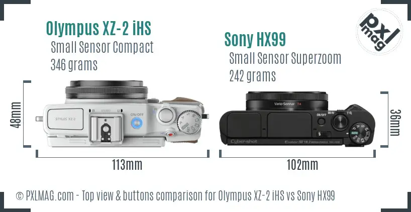 Olympus XZ-2 iHS vs Sony HX99 top view buttons comparison Olympus XZ-2 iHS vs Sony HX99 top view buttons comparison