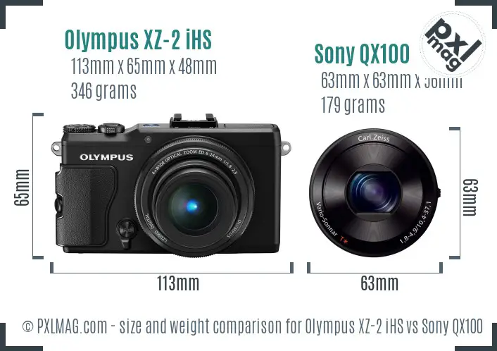 Olympus XZ-2 iHS vs Sony QX100 size comparison