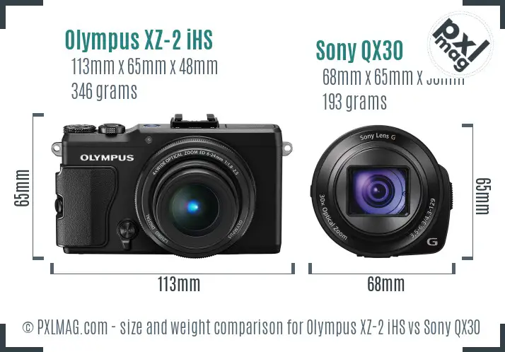 Olympus XZ-2 iHS vs Sony QX30 size comparison