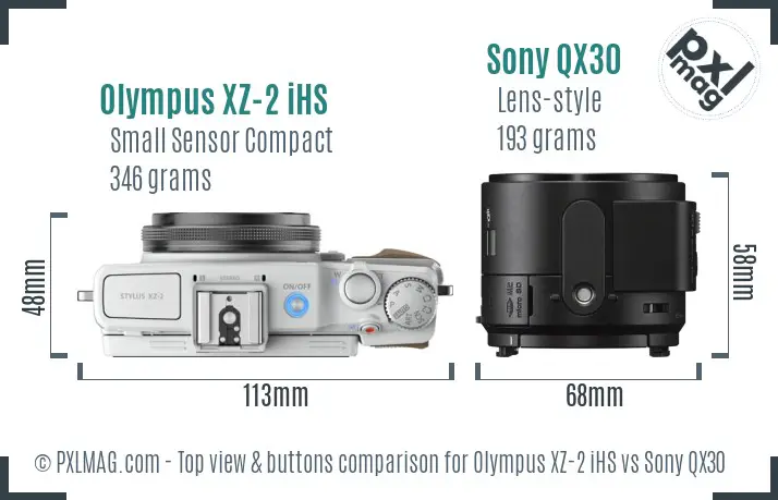 Olympus XZ-2 iHS vs Sony QX30 top view buttons comparison
