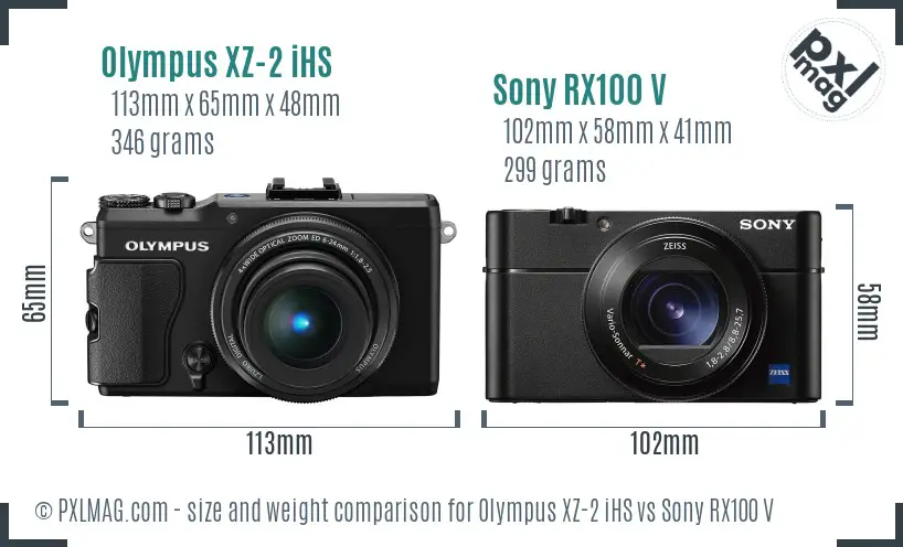 Olympus XZ-2 iHS vs Sony RX100 V size comparison