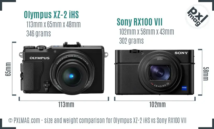Olympus XZ-2 iHS vs Sony RX100 VII size comparison