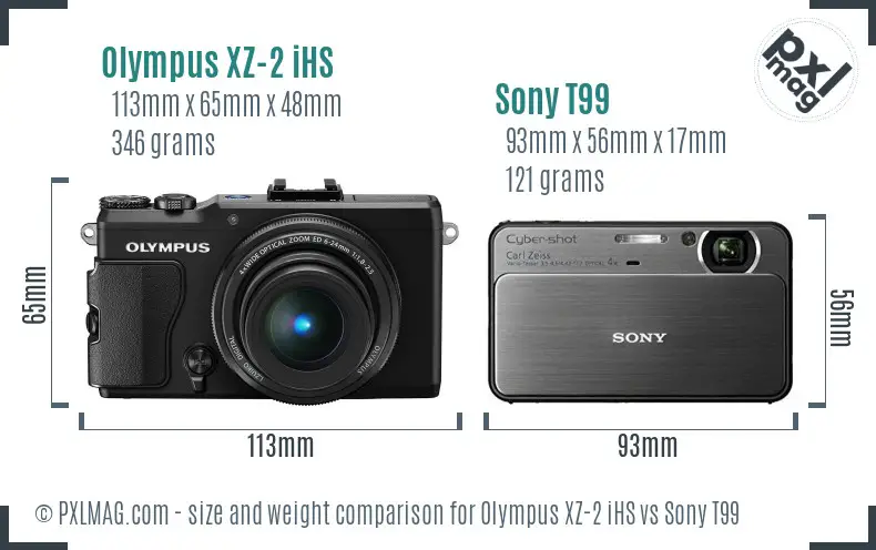Olympus XZ-2 iHS vs Sony T99 size comparison