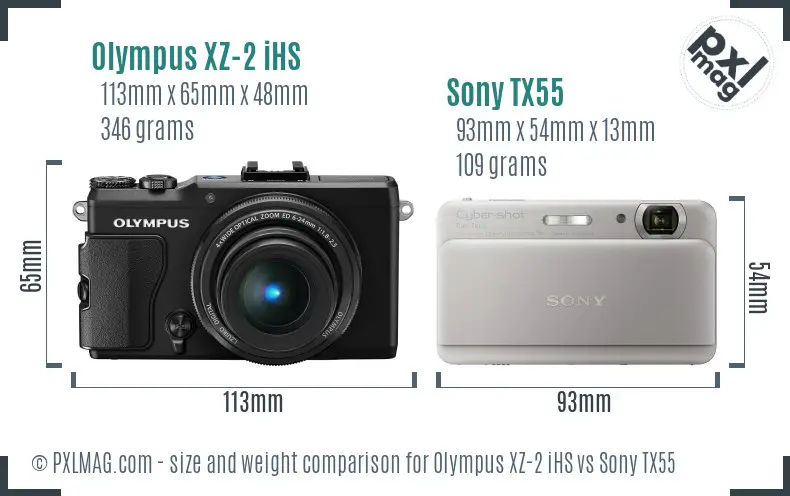 Olympus XZ-2 iHS vs Sony TX55 size comparison