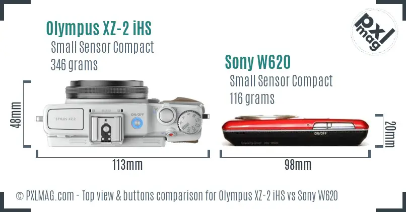 Olympus XZ-2 iHS vs Sony W620 top view buttons comparison