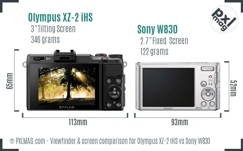 Olympus XZ-2 iHS vs Sony W830 Screen and Viewfinder comparison