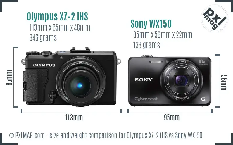 Olympus XZ-2 iHS vs Sony WX150 size comparison