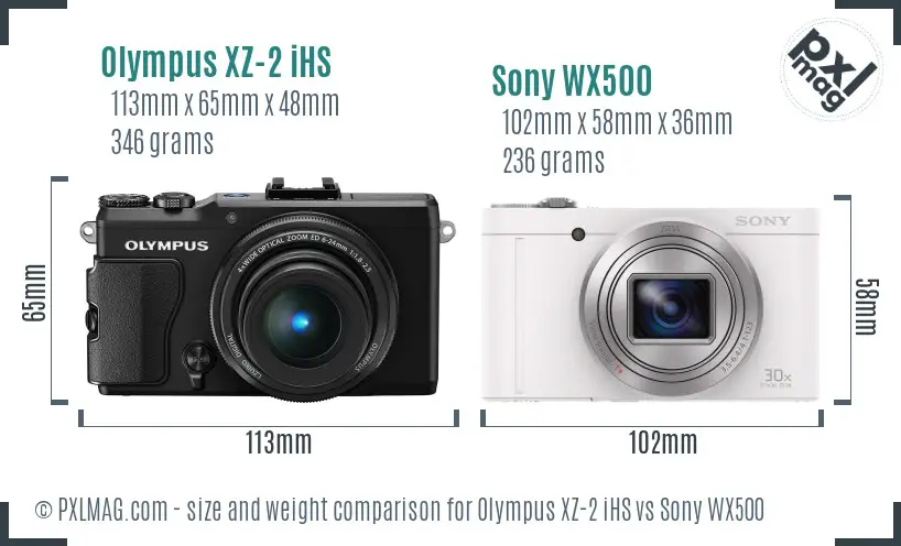 Olympus XZ-2 iHS vs Sony WX500 size comparison