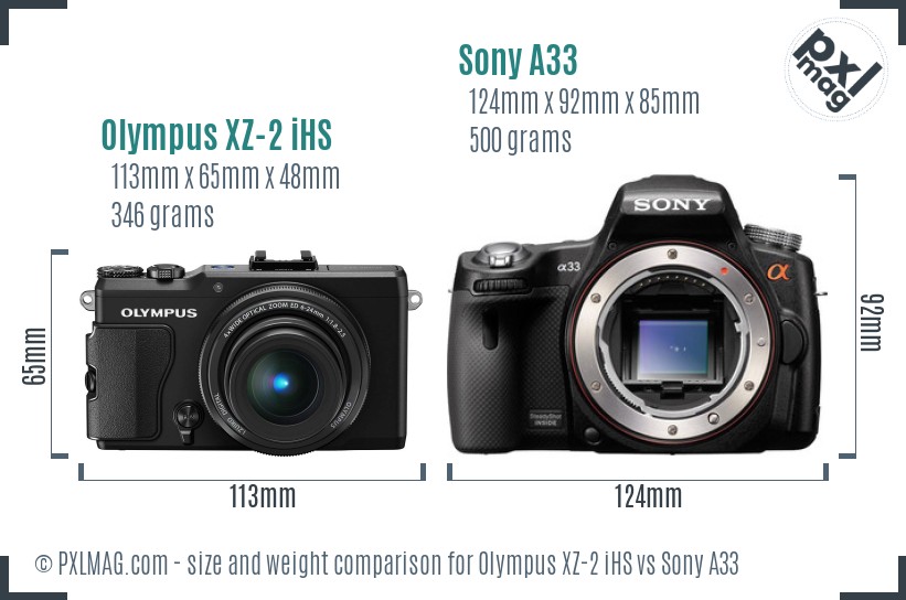 Olympus XZ-2 iHS vs Sony A33 size comparison