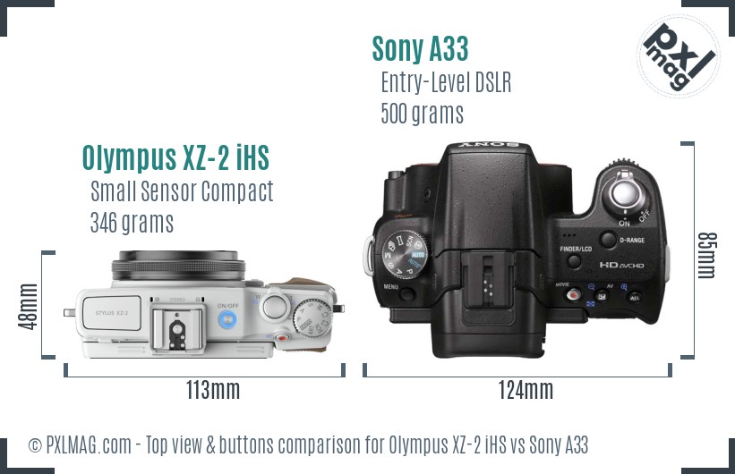 Olympus XZ-2 iHS vs Sony A33 top view buttons comparison