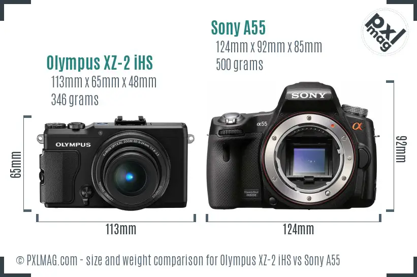 Olympus XZ-2 iHS vs Sony A55 size comparison