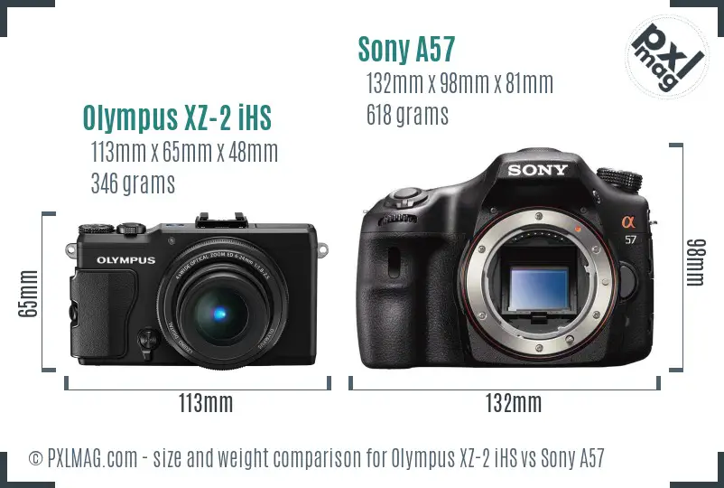 Olympus XZ-2 iHS vs Sony A57 size comparison