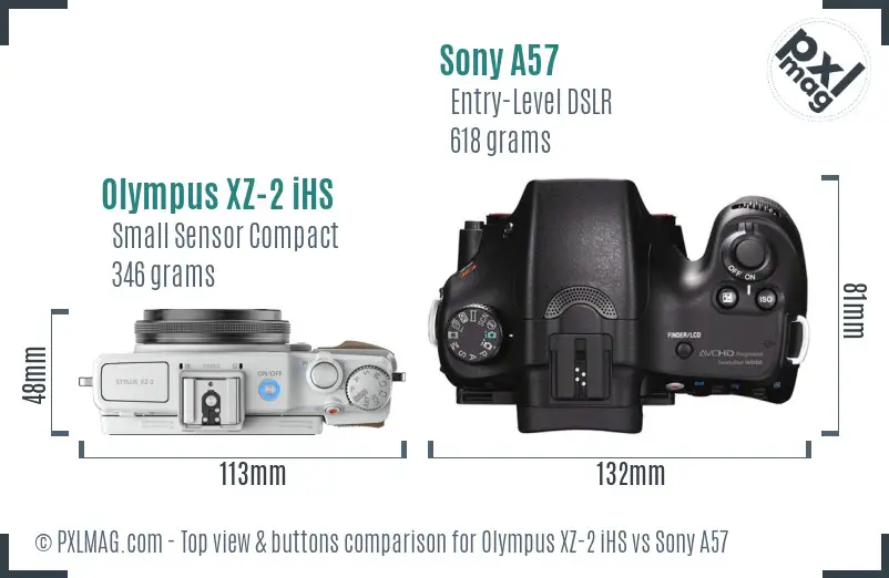 Olympus XZ-2 iHS vs Sony A57 top view buttons comparison