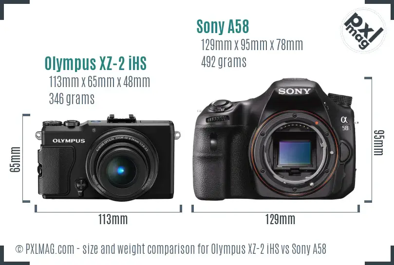 Olympus XZ-2 iHS vs Sony A58 size comparison