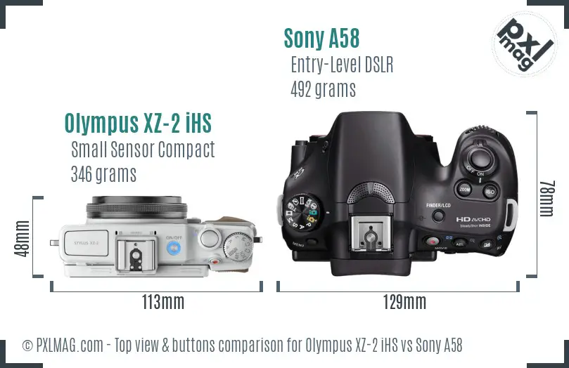 Olympus XZ-2 iHS vs Sony A58 top view buttons comparison