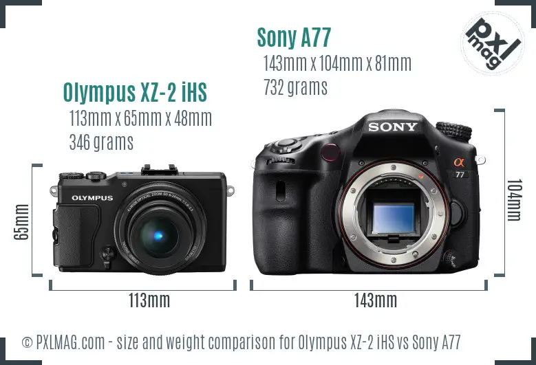 Olympus XZ-2 iHS vs Sony A77 size comparison