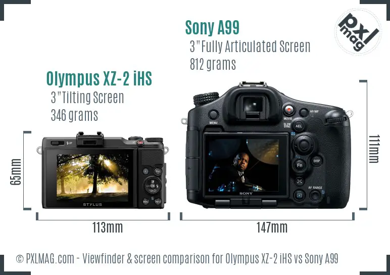 Olympus XZ-2 iHS vs Sony A99 Screen and Viewfinder comparison