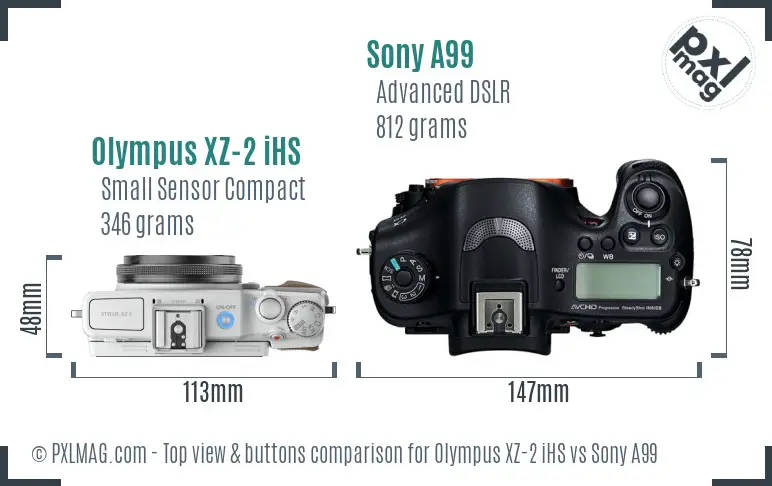 Olympus XZ-2 iHS vs Sony A99 top view buttons comparison
