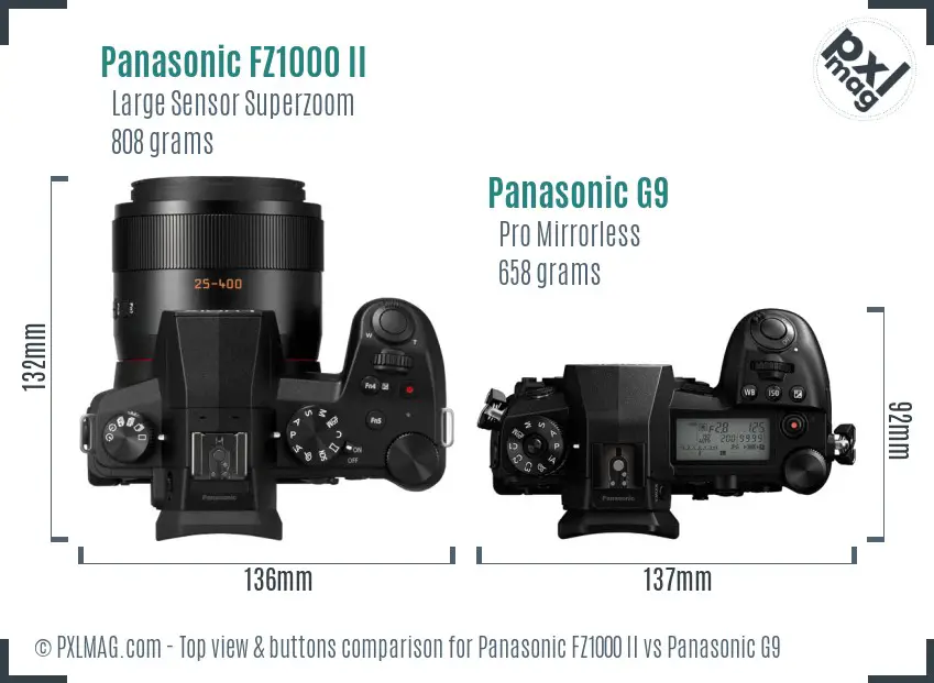 Panasonic FZ1000 II vs Panasonic G9 top view buttons comparison