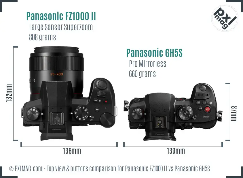 Panasonic FZ1000 II vs Panasonic GH5S top view buttons comparison