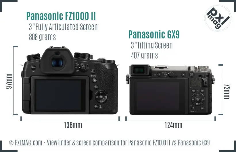 Panasonic FZ1000 II vs Panasonic GX9 Screen and Viewfinder comparison