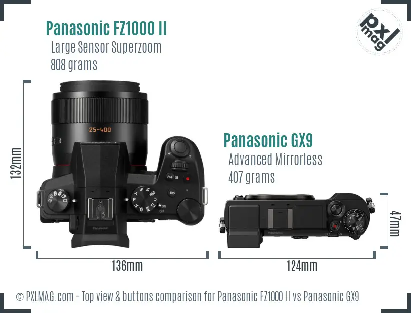Panasonic FZ1000 II vs Panasonic GX9 top view buttons comparison