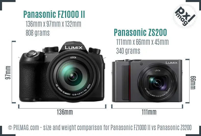 Panasonic FZ1000 II vs Panasonic ZS200 size comparison
