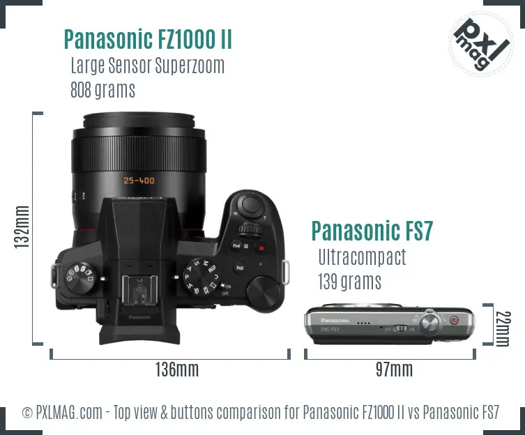 Panasonic FZ1000 II vs Panasonic FS7 top view buttons comparison Panasonic FZ1000 II vs Panasonic FS7 top view buttons comparison