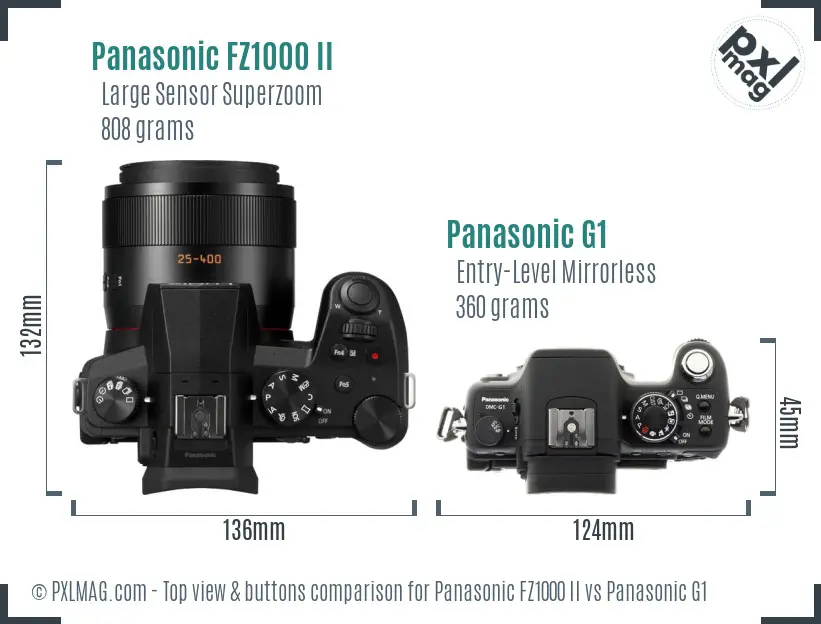 Panasonic FZ1000 II vs Panasonic G1 top view buttons comparison Panasonic FZ1000 II vs Panasonic G1 top view buttons comparison