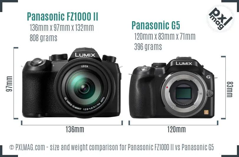 Panasonic FZ1000 II vs Panasonic G5 size comparison