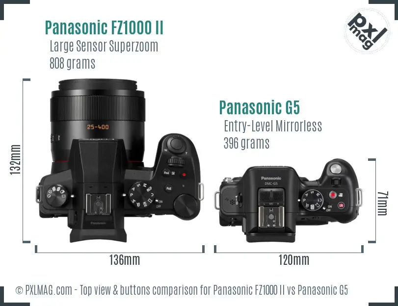 Panasonic FZ1000 II vs Panasonic G5 top view buttons comparison