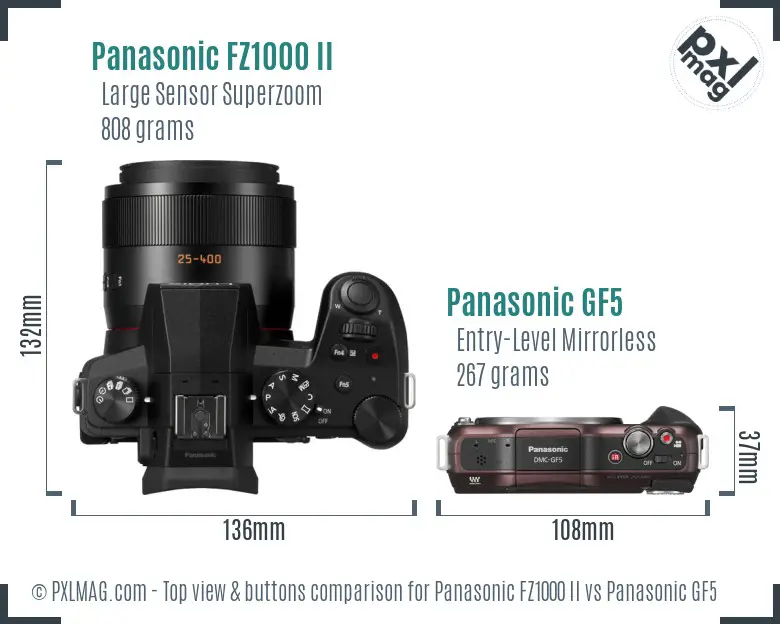 Panasonic FZ1000 II vs Panasonic GF5 top view buttons comparison