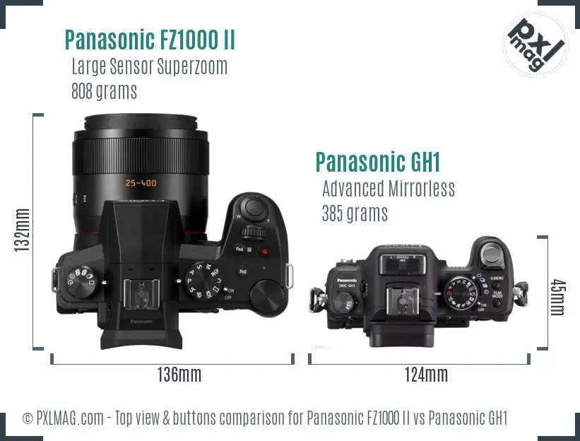 Panasonic FZ1000 II vs Panasonic GH1 top view buttons comparison Panasonic FZ1000 II vs Panasonic GH1 top view buttons comparison