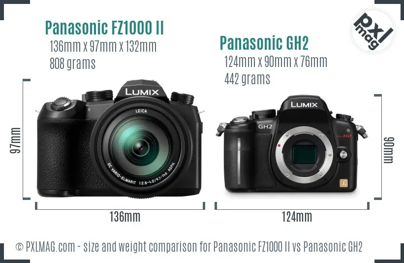 Panasonic FZ1000 II vs Panasonic GH2 size comparison