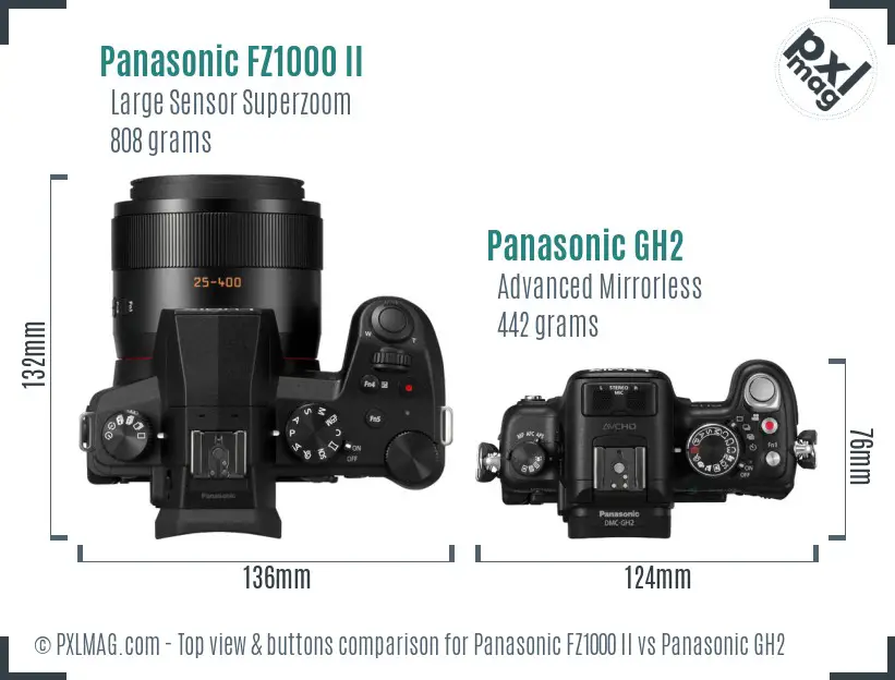 Panasonic FZ1000 II vs Panasonic GH2 top view buttons comparison