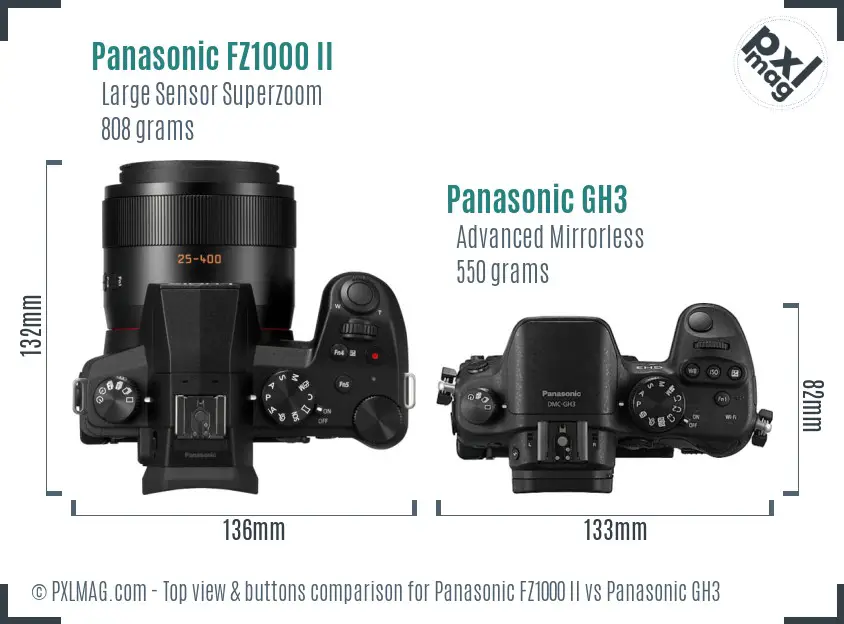 Panasonic FZ1000 II vs Panasonic GH3 top view buttons comparison Panasonic FZ1000 II vs Panasonic GH3 top view buttons comparison