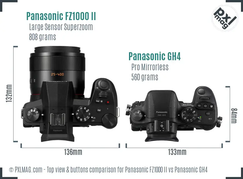 Panasonic FZ1000 II vs Panasonic GH4 top view buttons comparison