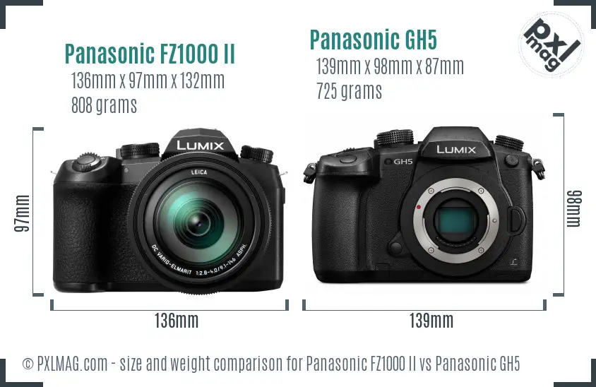 Panasonic FZ1000 II vs Panasonic GH5 size comparison