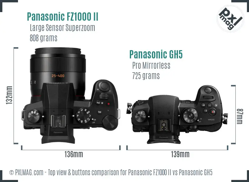 Panasonic FZ1000 II vs Panasonic GH5 top view buttons comparison