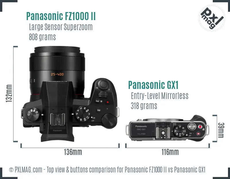 Panasonic FZ1000 II vs Panasonic GX1 top view buttons comparison Panasonic FZ1000 II vs Panasonic GX1 top view buttons comparison