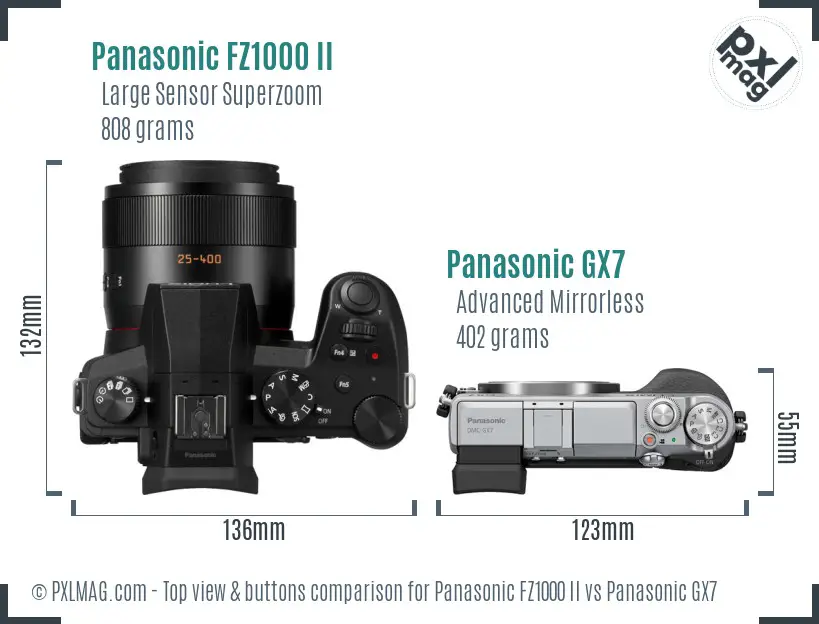 Panasonic FZ1000 II vs Panasonic GX7 top view buttons comparison