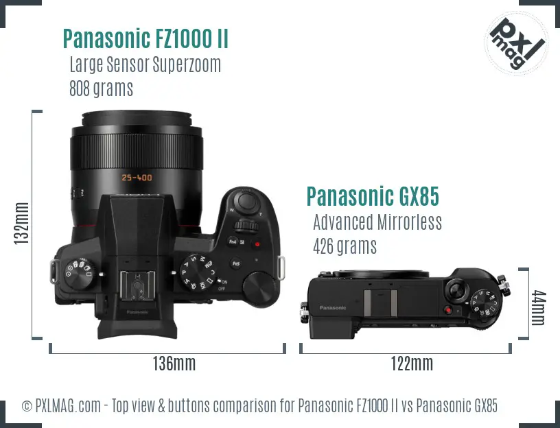 Panasonic FZ1000 II vs Panasonic GX85 top view buttons comparison Panasonic FZ1000 II vs Panasonic GX85 top view buttons comparison